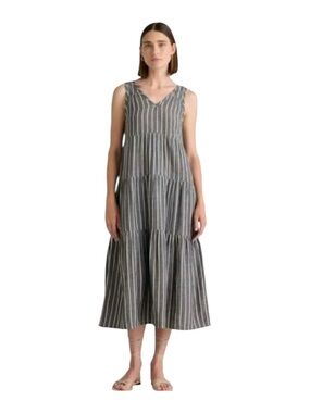 Quince 100% Organic Cotton Gauze V-Neck Gray Striped Tiered Midi Dress Sz XS